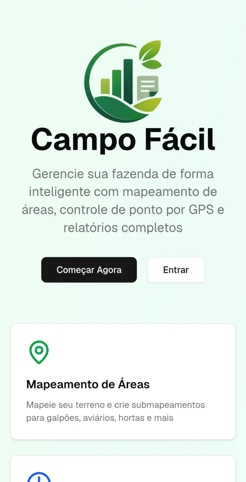 Tela principal do CampoFacil com áreas e check-ins